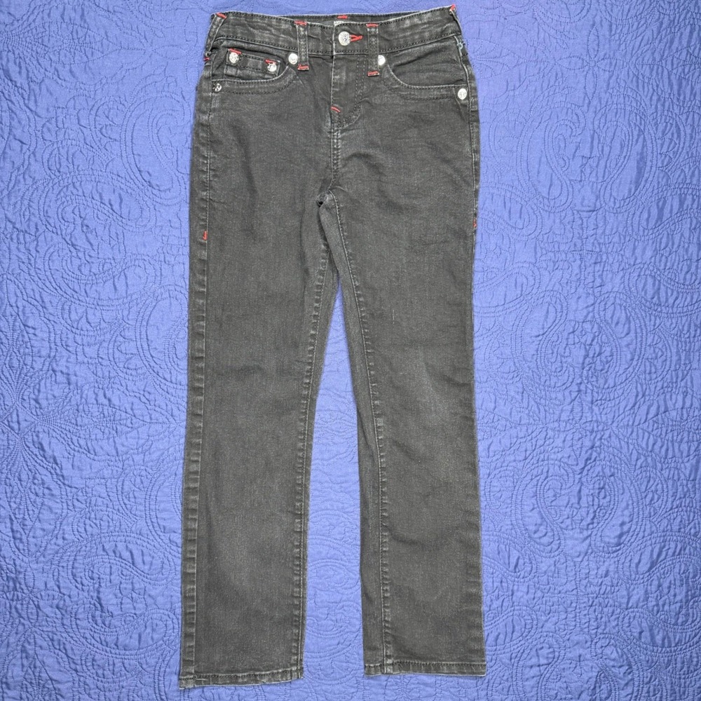 True Religion Ricky Relaxed Straight Jeans Boys 12 Black Red Stitch Denim Pants